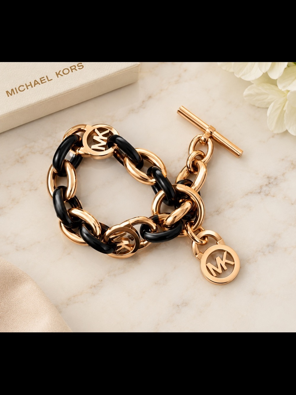 Michael Kors Rose Gold and Tortoiseshell Link Bracelet with MK Charms
